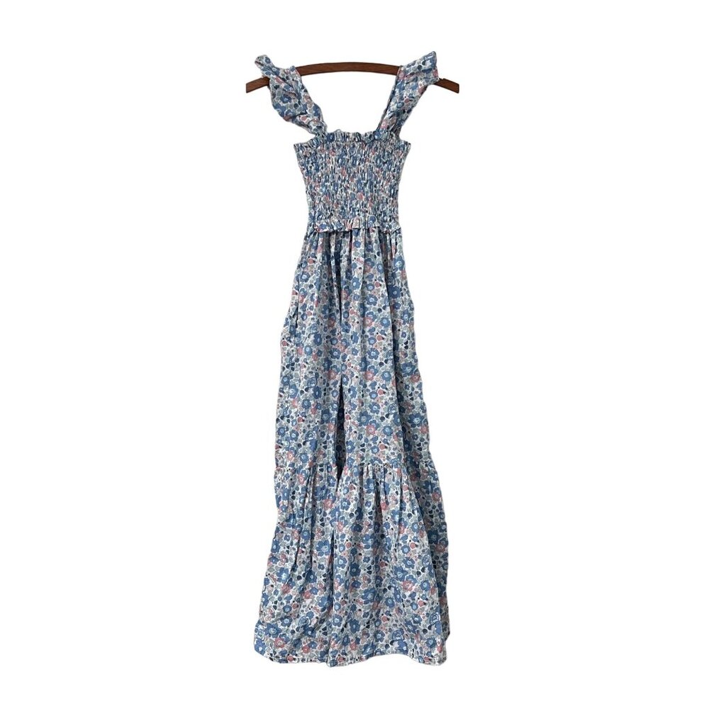 **NFS. Pukatuka Womens Blue Pink Floral Tiered Sleeveless Smocked Maxi Dress XS